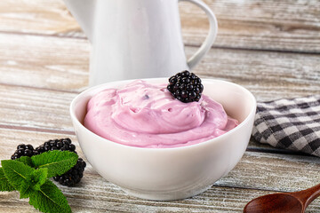 Organic tasty dairy yoghurt with blackberry