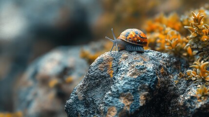 Snail on a Rock Surrounded by Colorful Moss