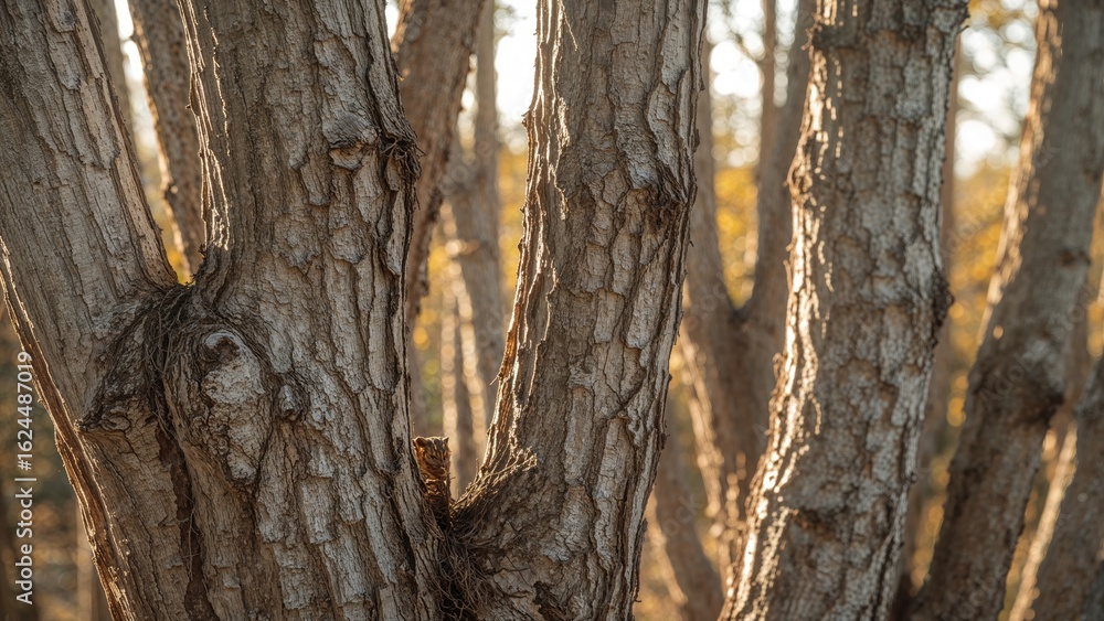 Poster fall-inspired setting emphasizing textured dry bark and tree trunks for an organic feel