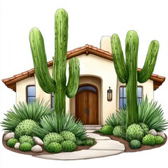 Desert Home with Cacti an Illustration of Southwestern Architecture and Landscape