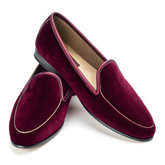 pair of luxurious burgundy velvet slippers shows
