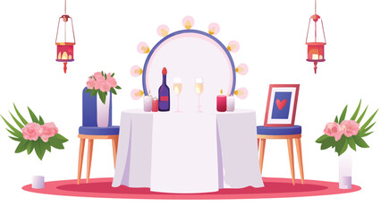 Illustration of a romantic dinner setting with a table, chairs, flowers, and decorative elements