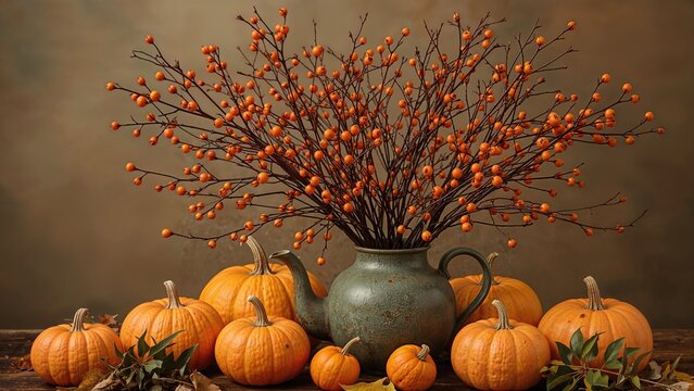 Harvest arrangement with a mix of spindle tree branches and physalis placed in an old-fashioned kettle next to pumpkins