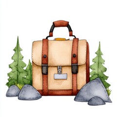 Detailed Beige Satchel with Brown Leather Trim Surrounded by Evergreen Trees and Rocks