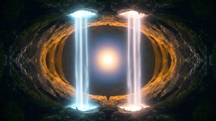Abstract light columns in centered cavern - Powered by Adobe