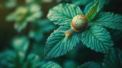 Snail on Green Leaves in a Lush Garden Setting