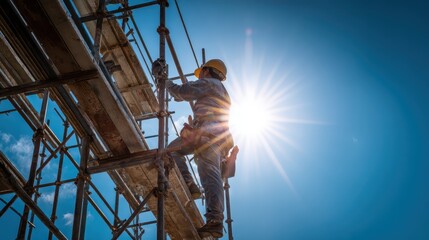 Worker climbs scaffolding against a bright blue sky and the sun. It can represent construction, hard work, or building something new.