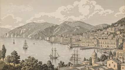 Historic depiction of a seaside village, originally designed by W. H. Bartlett and J. C. Bentley, published in 1842.