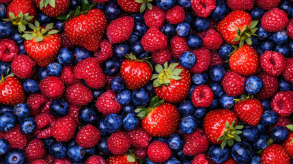 Fresh Strawberries and Raspberries with Blueberries on Dark Surface