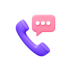 Purple telephone handset with pink speech bubble and dots isolated on a transparent background communication