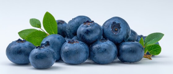 The Fresh Blueberries with Green Leaves Set Against a Clean Background