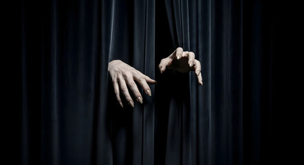 Eerie emergence, shadowy presence, hands from beyond, reaching out from the darkness, chilling