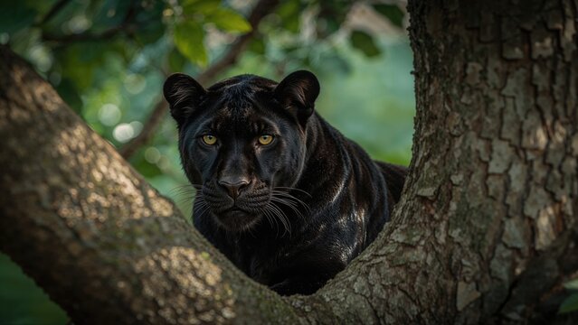 A shadowed tree provides shelter for a black panther with striking yellow eyes as it sleeps in a protected habitat.