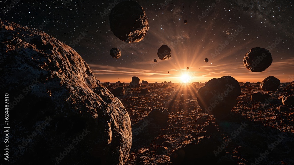 Poster dangerous asteroid objects orbiting the sun. closest space rocks to our planet.