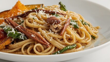 White plate holding pasta mixed with beans and a variety of root and leafy vegetables