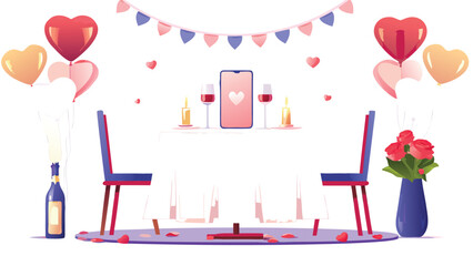Romantic dinner setup with balloons, wine, roses, and a phone displaying a heart symbol image