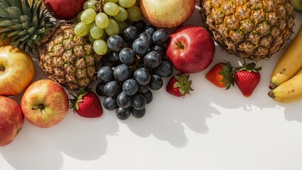 Variety of fruits displayed on a white surface with blank area for writing