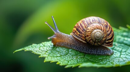 Snail on Leaf, Close-Up, Nature Background, Calm Scene