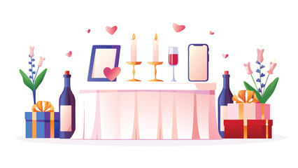 Illustration of a table with gifts wine bottles candles frame phone and hearts creating a romantic scene