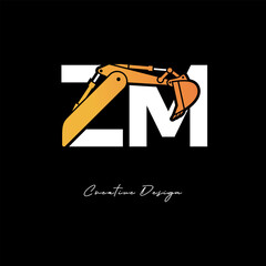 ZM Excavator Arm Construction Logo - Bold Industrial Letter mark Design for Heavy Equipment, Contractor Branding & Modern Engineering Identity