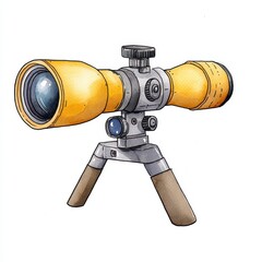 Detailed Close up of Yellow and Gray Telescope on Tripod Against White Background