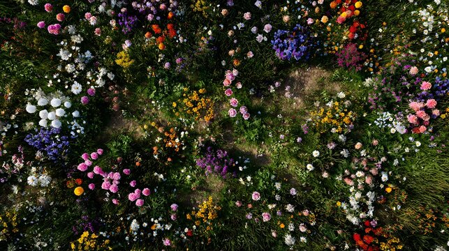 Top down view of vibrant spring meadow full of colorful blooming flowers natural morning light highlighting textures scattered butterflies grass patterns cinematic countryside background - Powered by Adobe