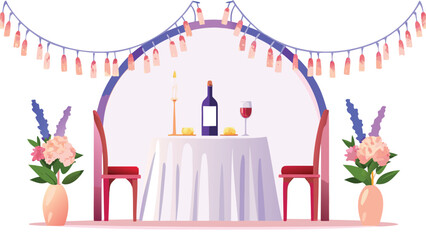 Romantic dinner setup with wine bottle and glass under a decorated arch and floral arrangements around