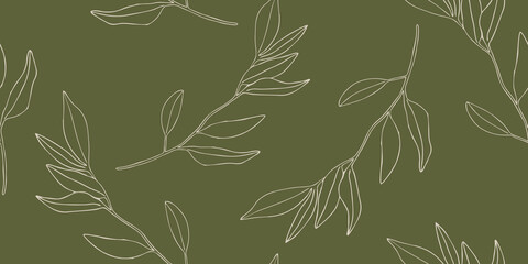 Olive Green Leafy Branches Illustration Seamless Pattern