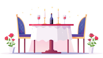 Romantic dinner setup with wine, candles, and roses arranged on a table with two elegant chairs