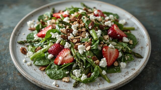 Fresh salad combining spinach, asparagus, strawberries, sugar snap peas, almonds, and feta cheese