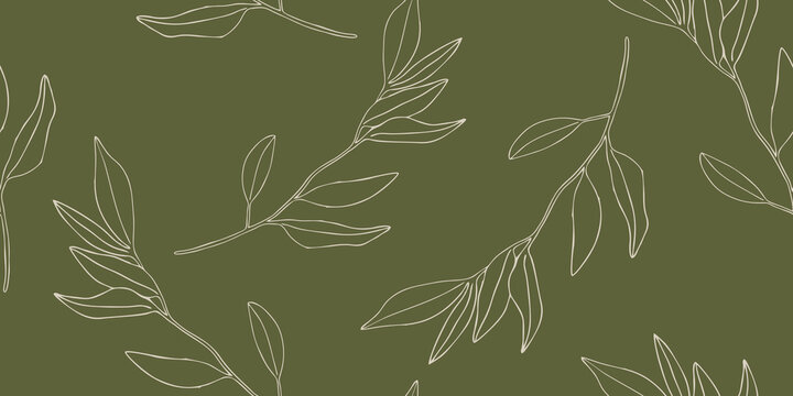 Olive Green Leafy Branches Illustration Seamless Pattern