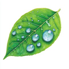Detailed Closeup of Green Leaf with Glistening Water Droplets on White Background