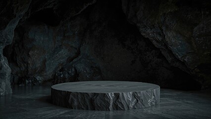 A rough boulder placed inside a dark cavern on a shaded base. Excellent photo