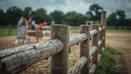 Creative photo of old wooden fences used in horse riding with blurred background