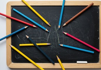 Fototapeta premium Colorful pencils scattered across a chalkboard with simple drawings and eraser