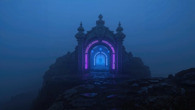 AI-generated image of a luminous neon doorway set on a foggy mountain summit - Powered by Adobe