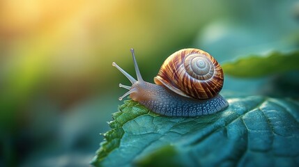 Snail on Leaf in Soft Morning Light with Nature Background
