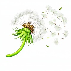 Detailed Dandelion Seed Head Illustration with Dispersing Seeds on White Background