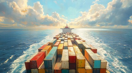 Vibrant cargo ship sailing through calm waters under a colorful sky.
