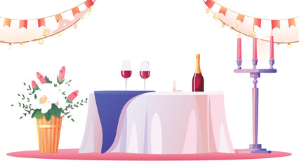 Illustration of a table set for a celebration with wine glasses, bottle, flowers, and candelabra decor