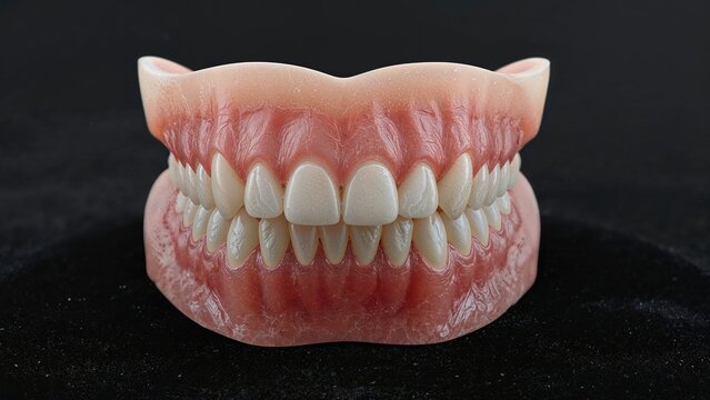Synthetic jawbone with teeth shown on a black base