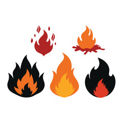 Set of five stylized fire and flame icons in various colors including red, orange, and black, representing heat, energy, and passion, isolated on a white background