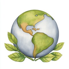 Detailed Earth Globe with Green Leaves Illustration on White Background