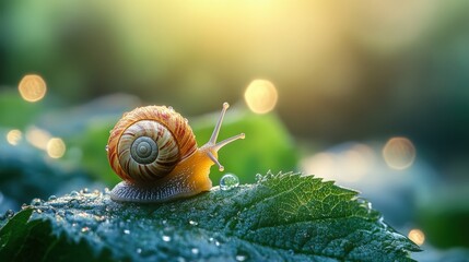 Snail on Leaf with Dewdrops in Lush Green Background