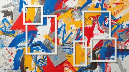 Mixed media art layout with vibrant geometric painted fragments and text placeholders