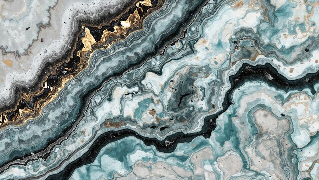 Watercolor geode-inspired marble wallpaper with abstract patterns in gold, blue, turquoise, black, and white hues against a gray backdrop.