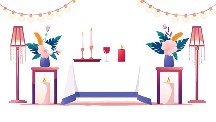 Illustration of a romantic dinner setup with candles flowers and string lights creating a cozy atmosphere
