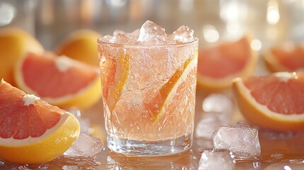 Refreshing cocktail with ice and grapefruit slices in the background.