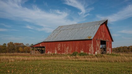 Countryside scene with a barn covered by a red tin roof and missing a loft door, set against a blue sky.