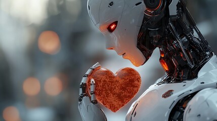 A robot holding a heart-shaped object in a reflective setting.